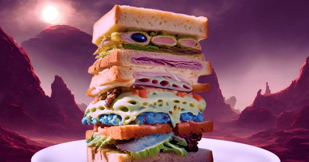 A visualisation of a space sandwich with all sorts of weird alien things in it