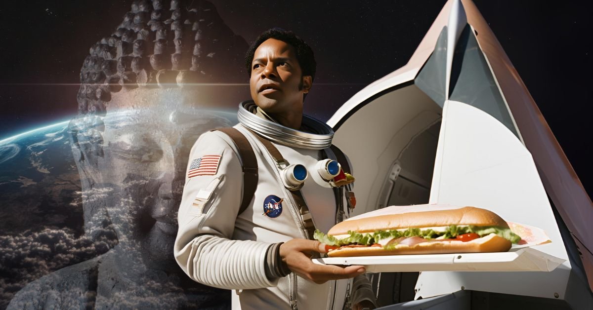 Neurodivergent - An astronaut holding a giant sandwich, the background is outer space with a transparent image of Buddha overlaid